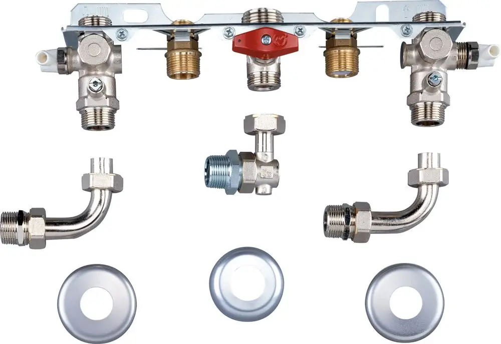 Montageanschlussplatte mit Ventilen und Rohren, einschließlich Zubehörteilen für die Installation. Produkte von Bosch, geeignet für Unterputzanwendungen.